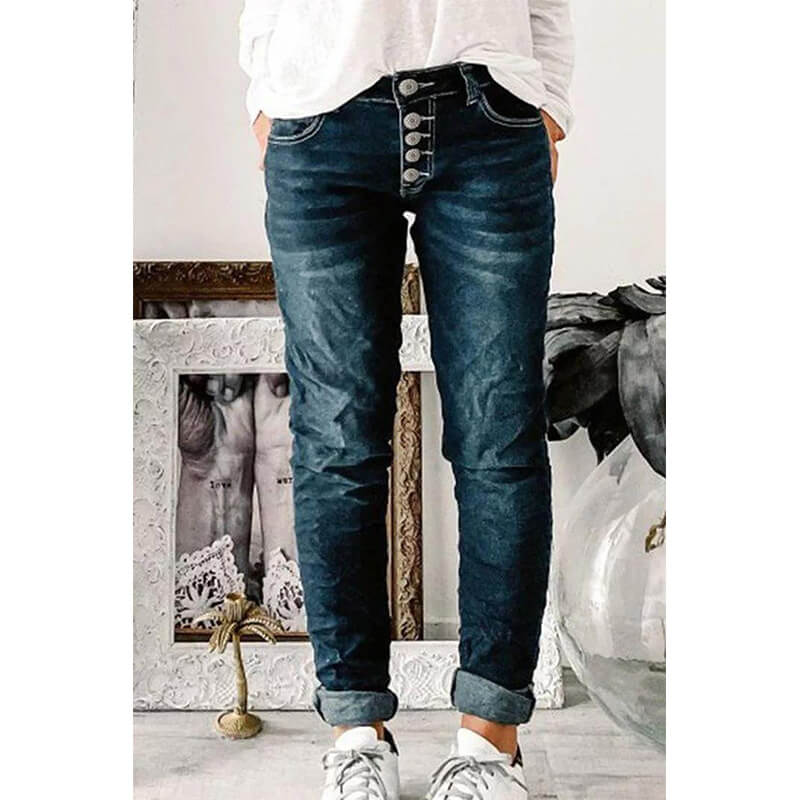 Skinny Jeans | Mörkblå | Knapp | Lågbyggda Jeans | Damjeans