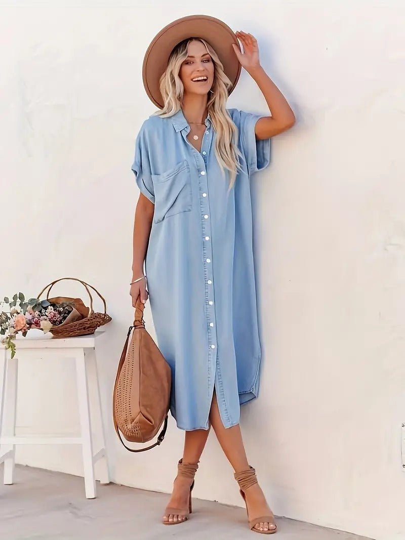 Skjortklänning - Denim - Loose Fit - Knappklänning - Midiklänning