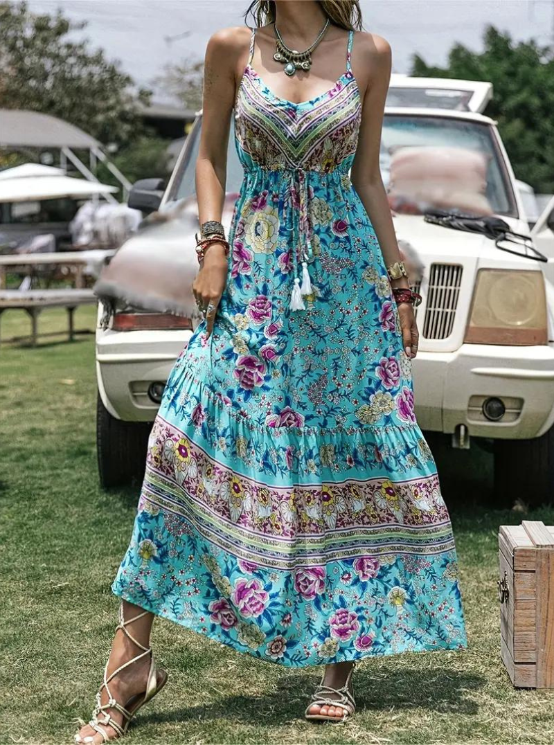 Solklänning, ärmlös, boho, blommig klänning, maxiklänning