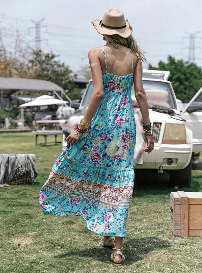 Solklänning, ärmlös, boho, blommig klänning, maxiklänning