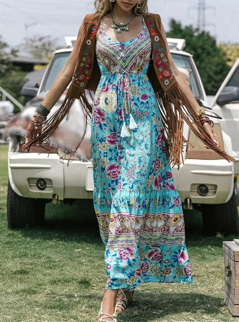 Solklänning, ärmlös, boho, blommig klänning, maxiklänning