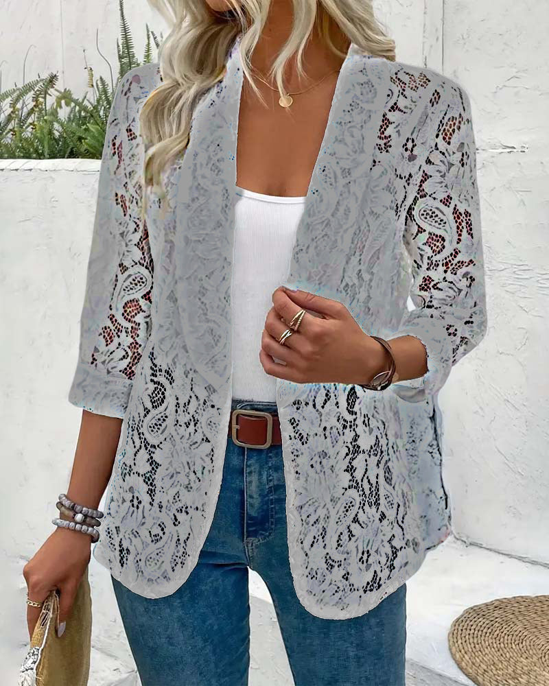 Sommarblazer - Chic sommarkavaj för kvinnor med öppen front och spets