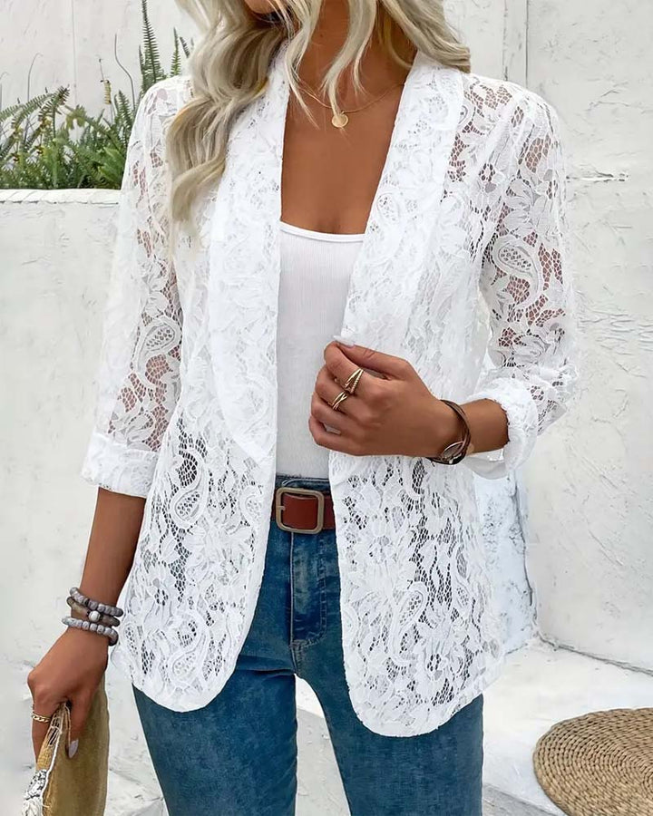 Sommarblazer - Chic sommarkavaj för kvinnor med öppen front och spets