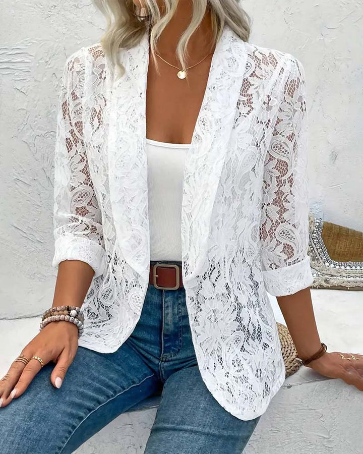 Sommarblazer - Chic sommarkavaj för kvinnor med öppen front och spets