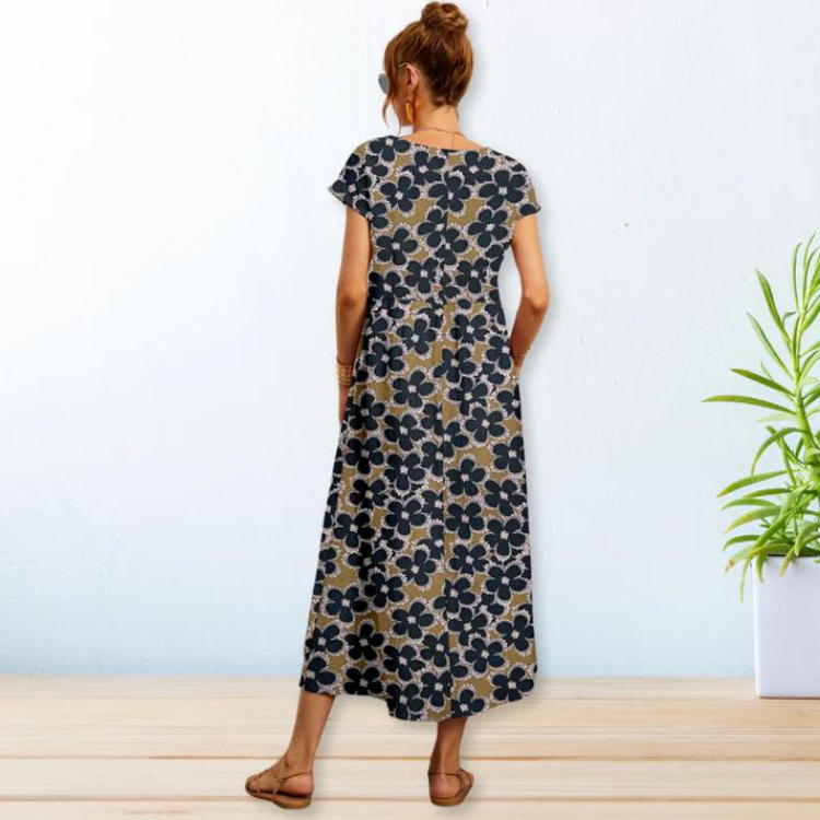 Sommarklänning | A-linjeformad | Kortärmad Blommig klänning | Lång klänning