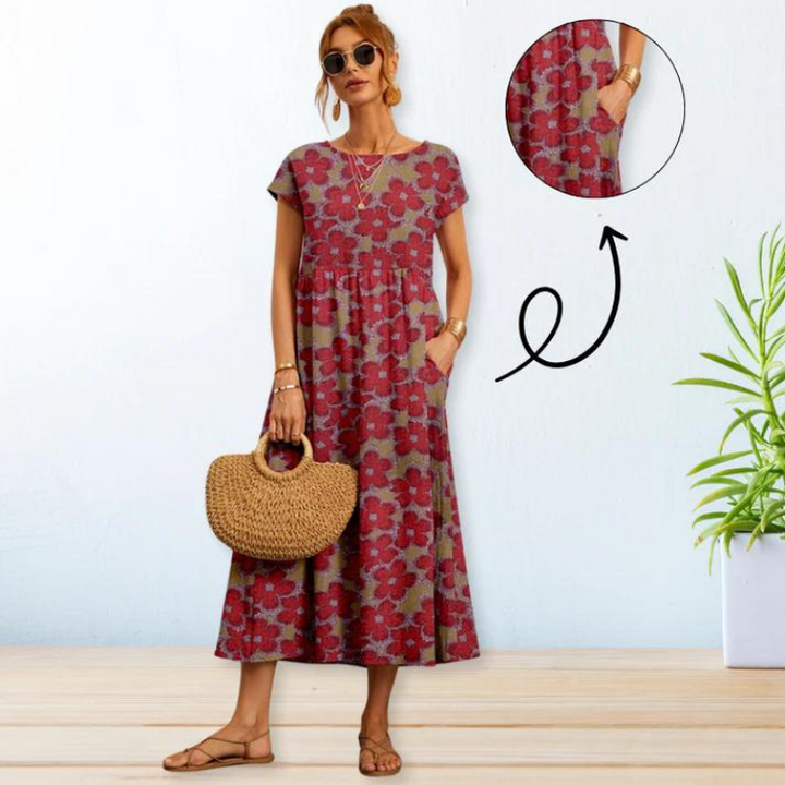 Sommarklänning | A-linjeformad | Kortärmad Blommig klänning | Lång klänning