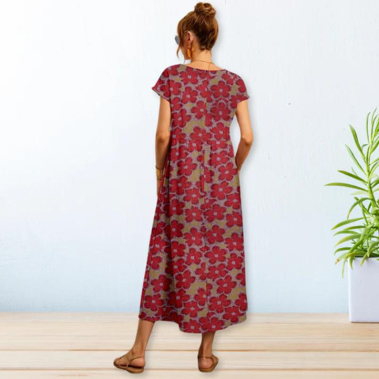 Sommarklänning | A-linjeformad | Kortärmad Blommig klänning | Lång klänning