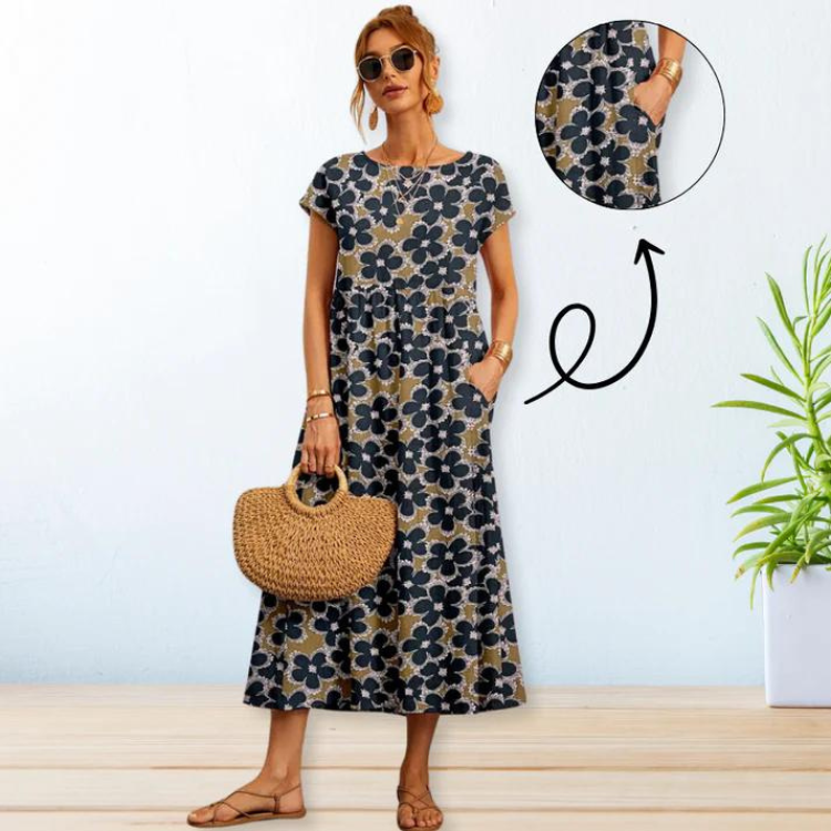 Sommarklänning | A-linjeformad | Kortärmad Blommig klänning | Lång klänning