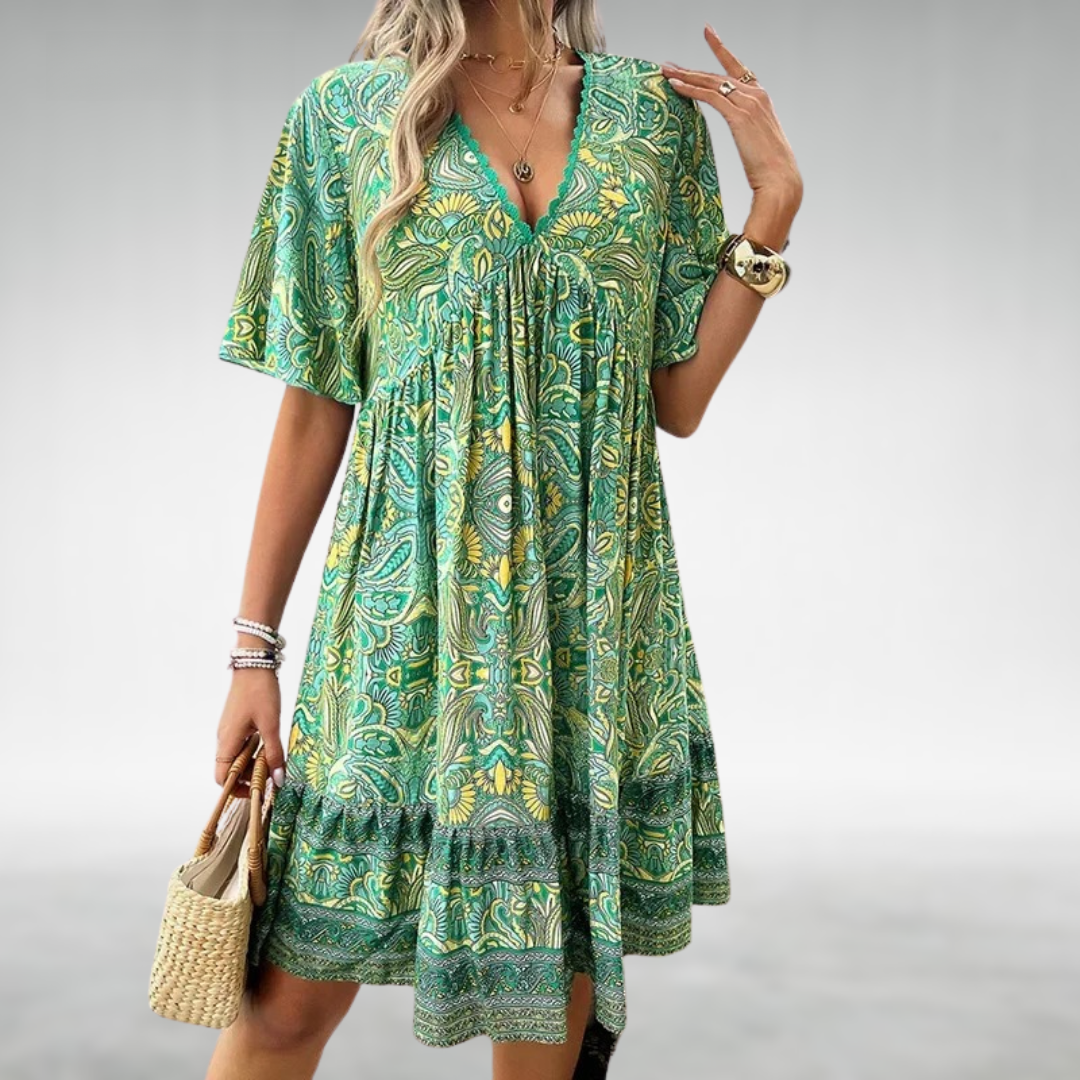 Sommarklänning | Kortärmad | V-ringad | A-linjeformad klänning | Boho klänning