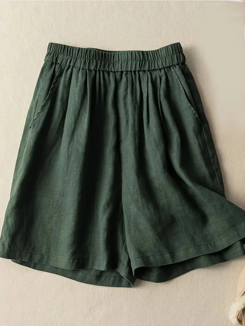 Sommarshorts, Hög midja, Elastisk midja, Linneshorts, Damshorts
