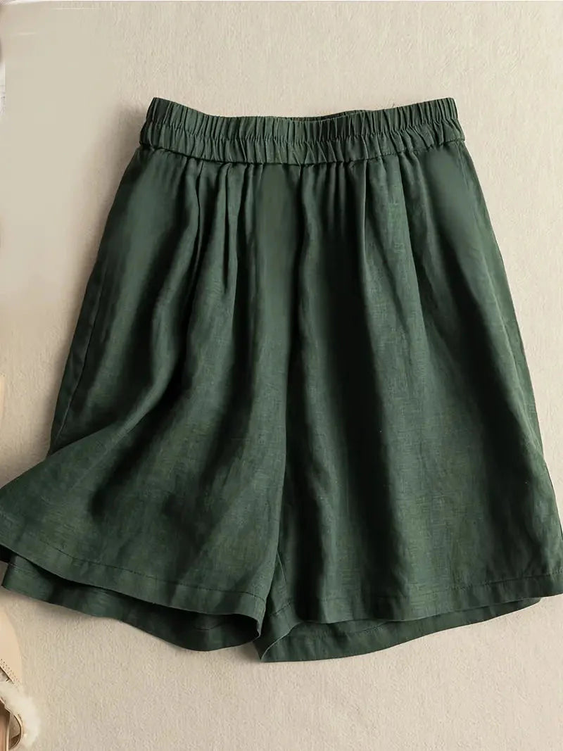 Sommarshorts, Hög midja, Elastisk midja, Linneshorts, Damshorts