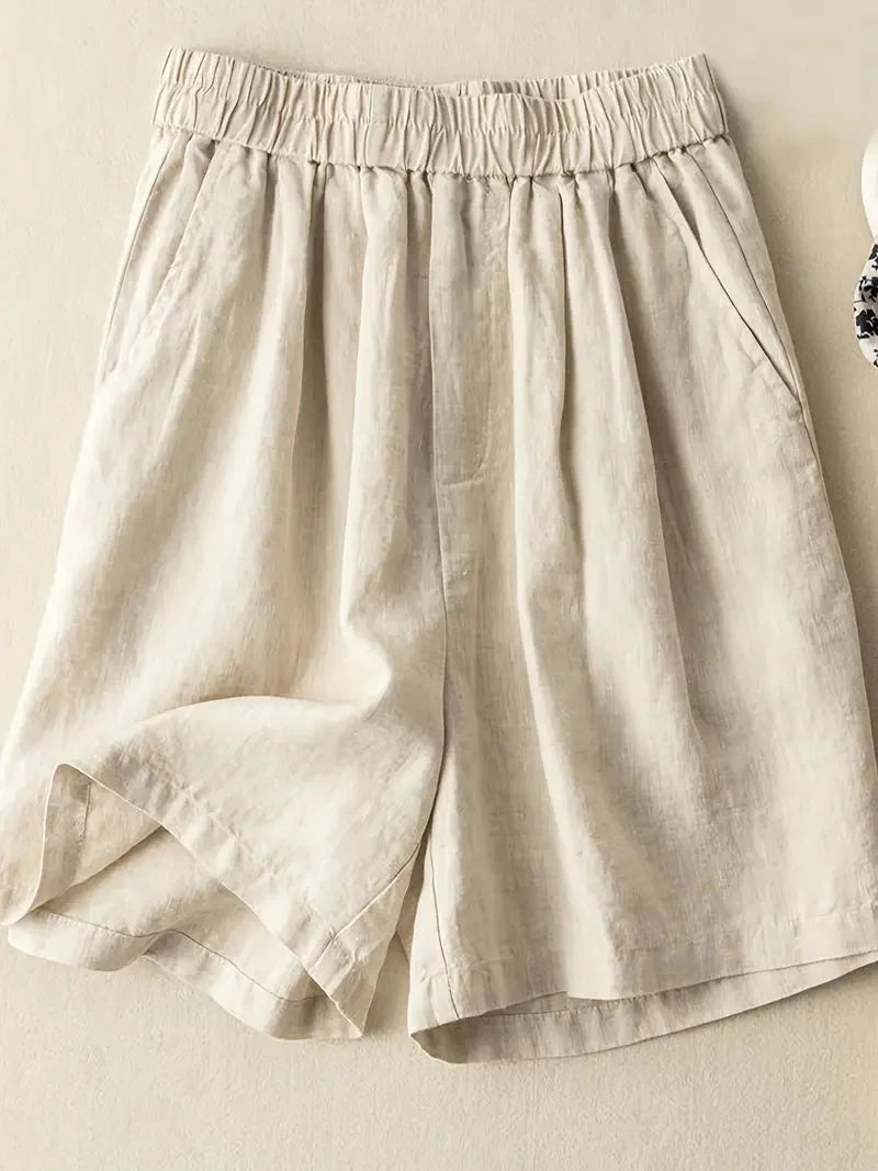 Sommarshorts, Hög midja, Elastisk midja, Linneshorts, Damshorts