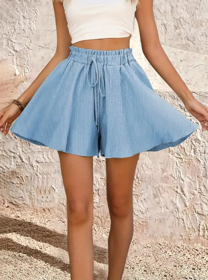 Sommarshorts, elastisk midja, flowy, shorts med hög midja, minishorts