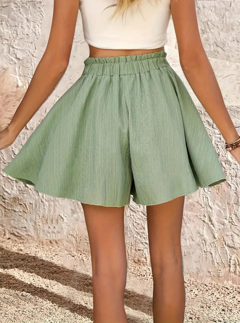 Sommarshorts, elastisk midja, flowy, shorts med hög midja, minishorts