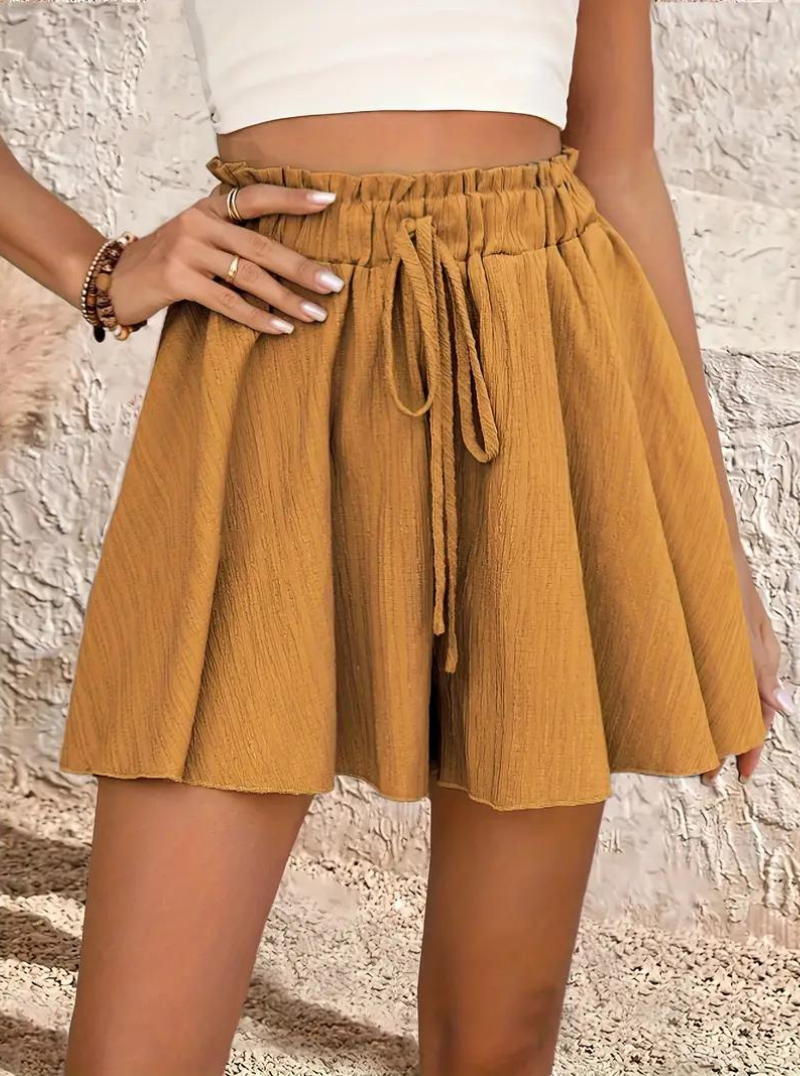 Sommarshorts, elastisk midja, flowy, shorts med hög midja, minishorts