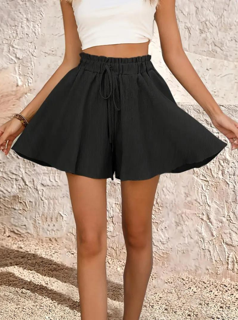Sommarshorts, elastisk midja, flowy, shorts med hög midja, minishorts