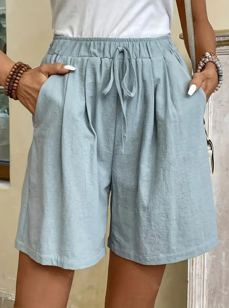 Sommarshorts, hög midja, lös passform, linneshorts, damshorts