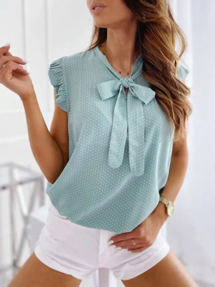 Sommartopp - Kortärmad - Polka Dot - Blus med knytband i halsen - Damkläder