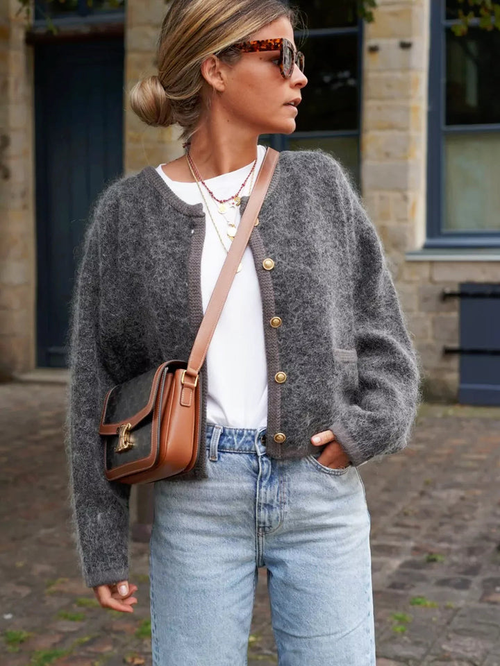 Stickad Cardigan | Grå | Knäppt | Fluffig Cardigan | Dam Cardigan