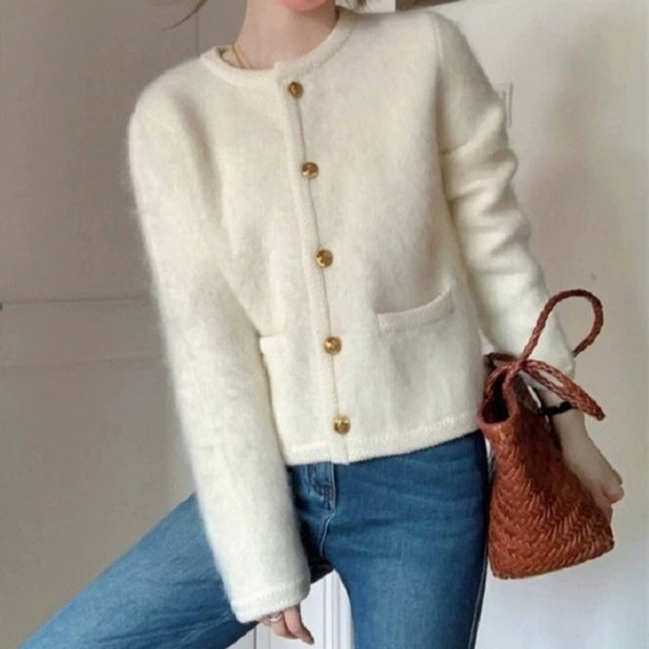 Stickad Cardigan | Grå | Knäppt | Fluffig Cardigan | Dam Cardigan