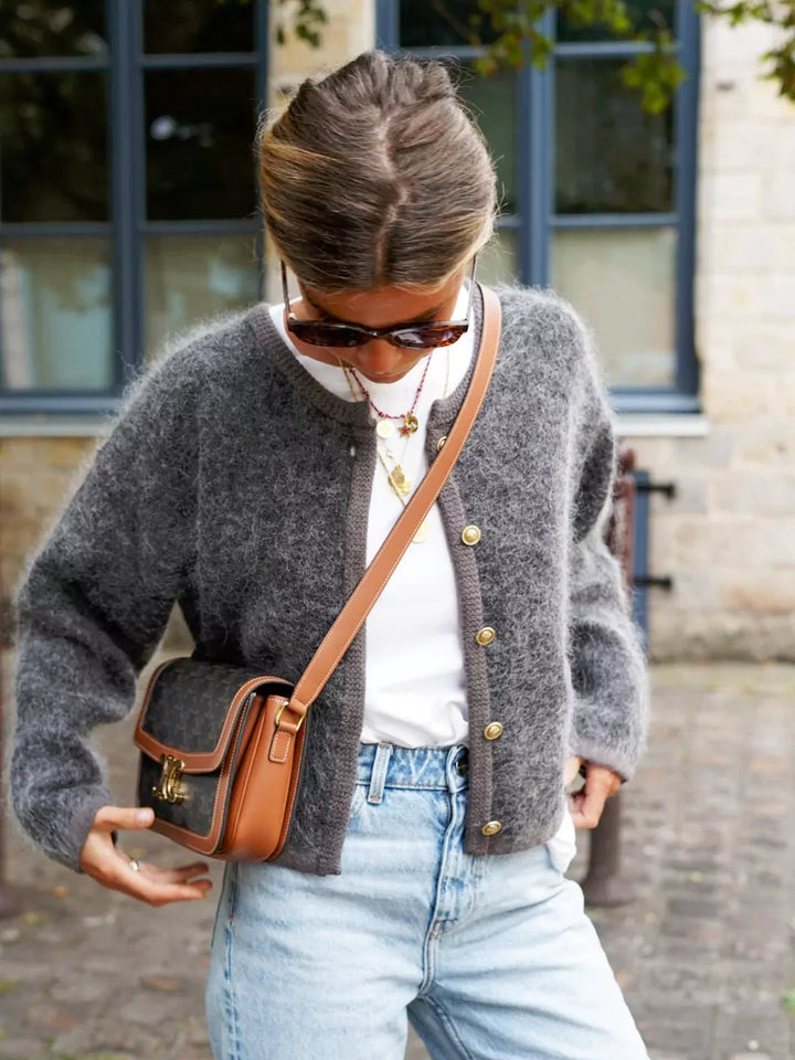 Stickad Cardigan | Grå | Knäppt | Fluffig Cardigan | Dam Cardigan