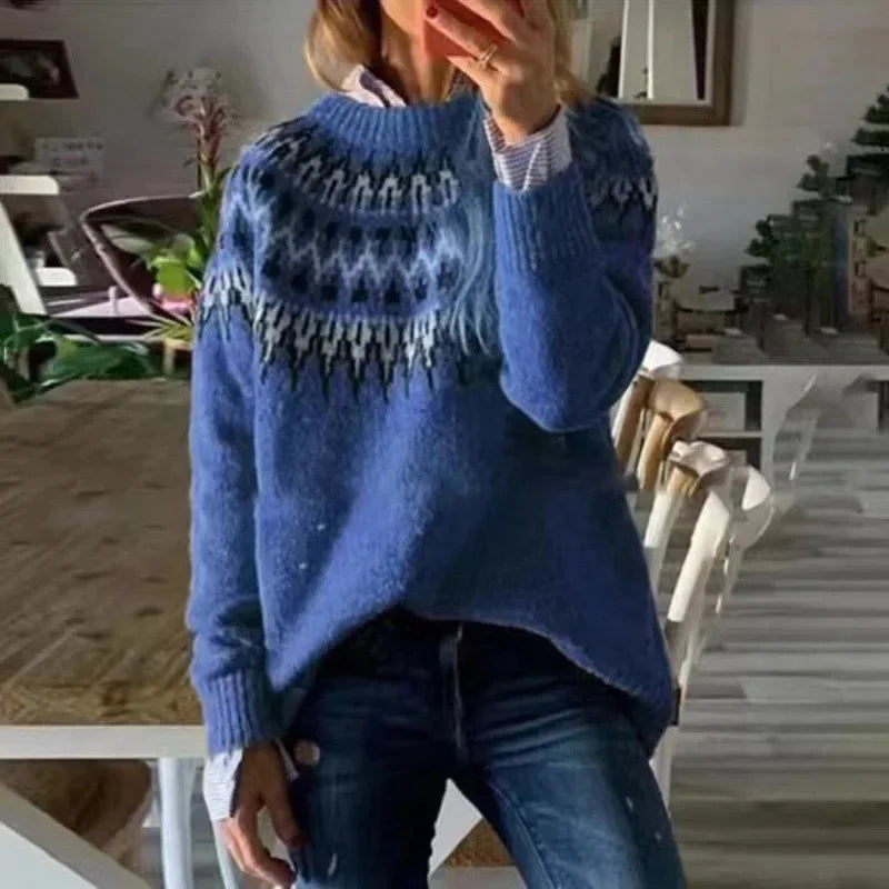 Stickad Damtröja Rund Hals Färgglad Pullover