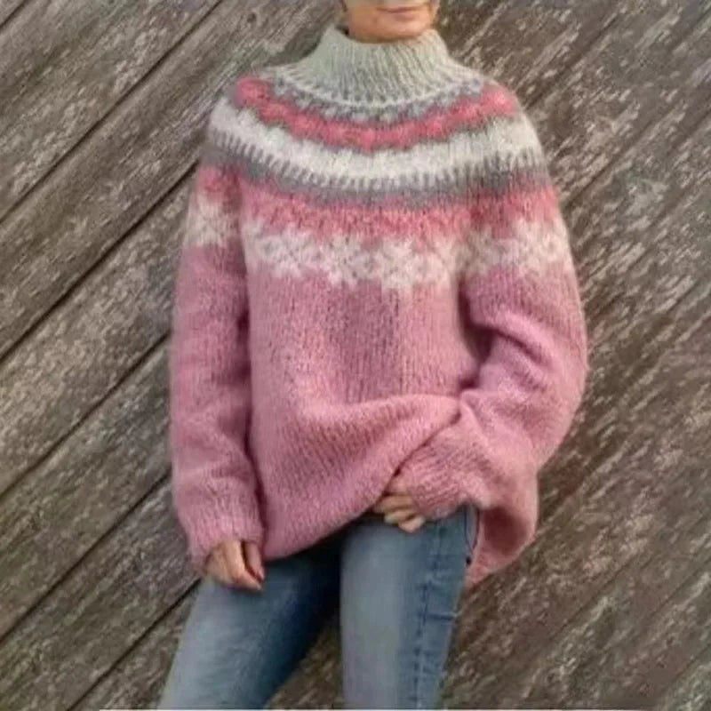 Stickad Damtröja Rund Hals Färgglad Pullover