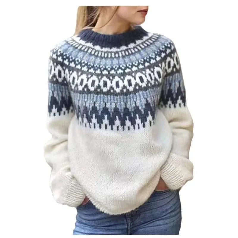 Stickad Damtröja Rund Hals Färgglad Pullover