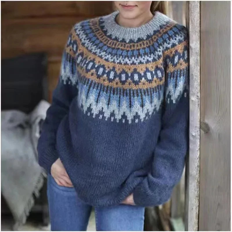 Stickad Damtröja Rund Hals Färgglad Pullover