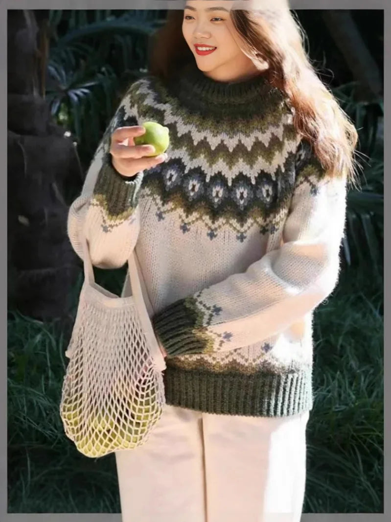 Stickad Damtröja Rund Hals Färgglad Pullover