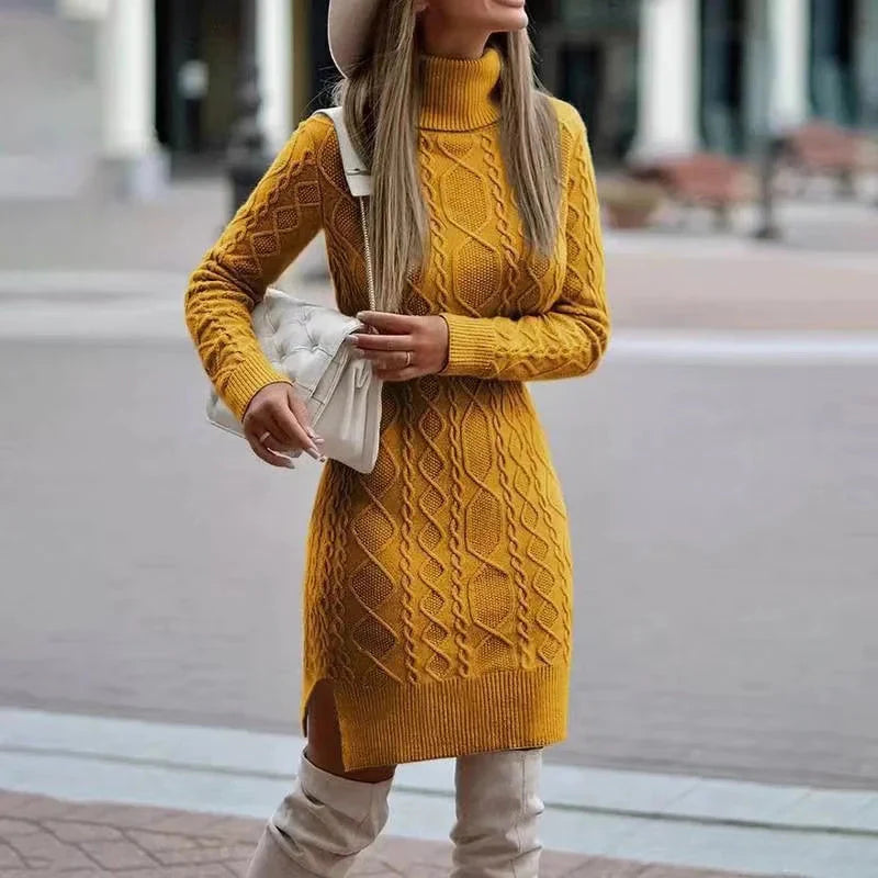 Stickad klänning | Lös passform | Långärmad | Turtleneck-klänning | Vinterklänning