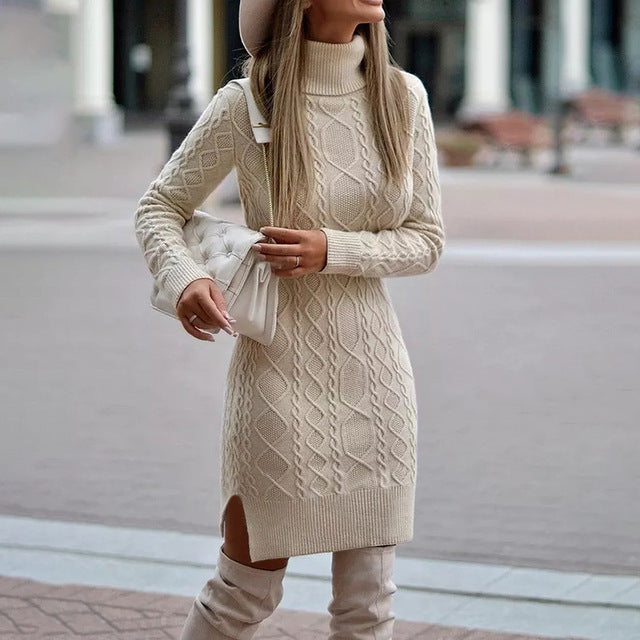 Stickad klänning - Turtleneck - Långärmad - Bodyconklänning - Vinterklänning