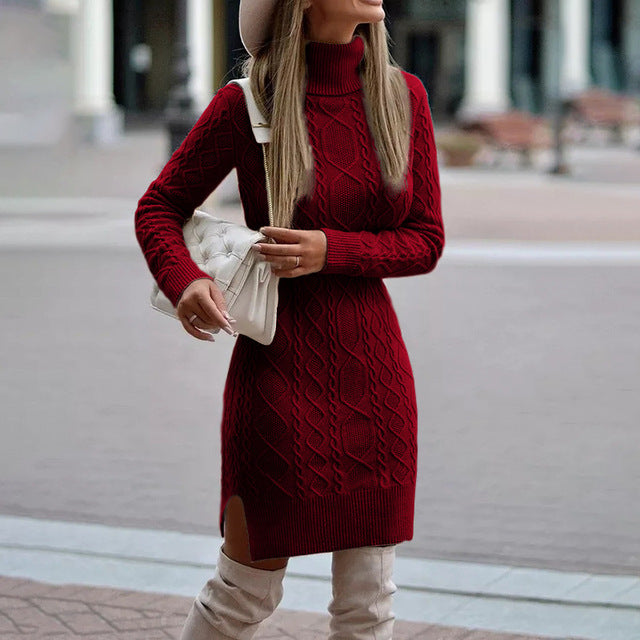 Stickad klänning - Turtleneck - Långärmad - Bodyconklänning - Vinterklänning