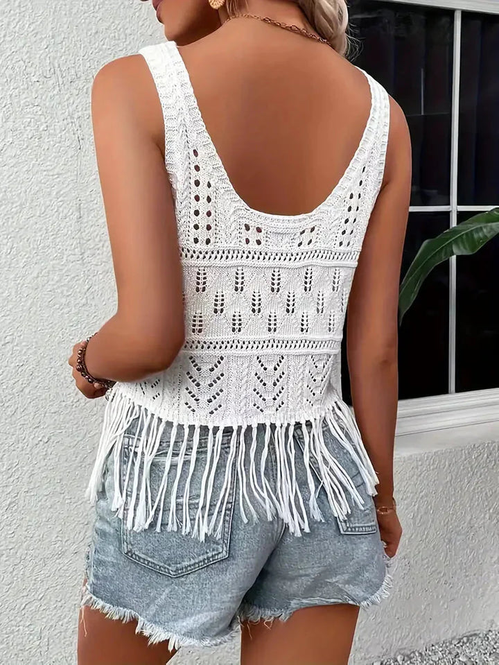Stickad topp, Vit, Tassel, Boho-topp, Sommaröverdelar