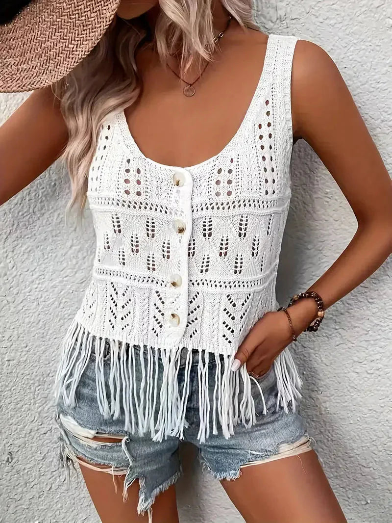 Stickad topp, Vit, Tassel, Boho-topp, Sommaröverdelar