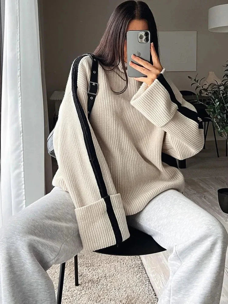 Stickad tröja - Hög hals - Pullover - Oversized tröja - Vinterkläder för kvinnor