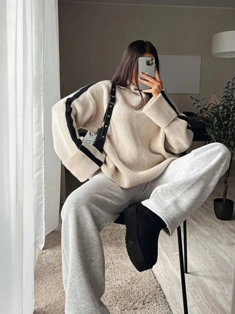 Stickad tröja - Hög hals - Pullover - Oversized tröja - Vinterkläder för kvinnor