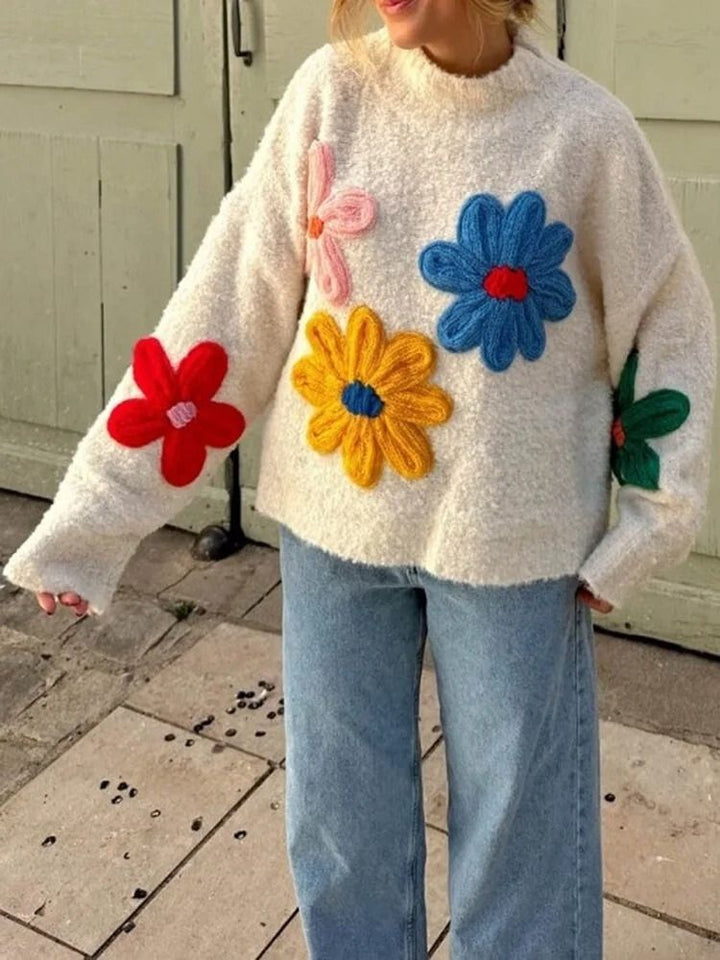 Stickad tröja - Höghalsad vit blommig tröja för kvinnor