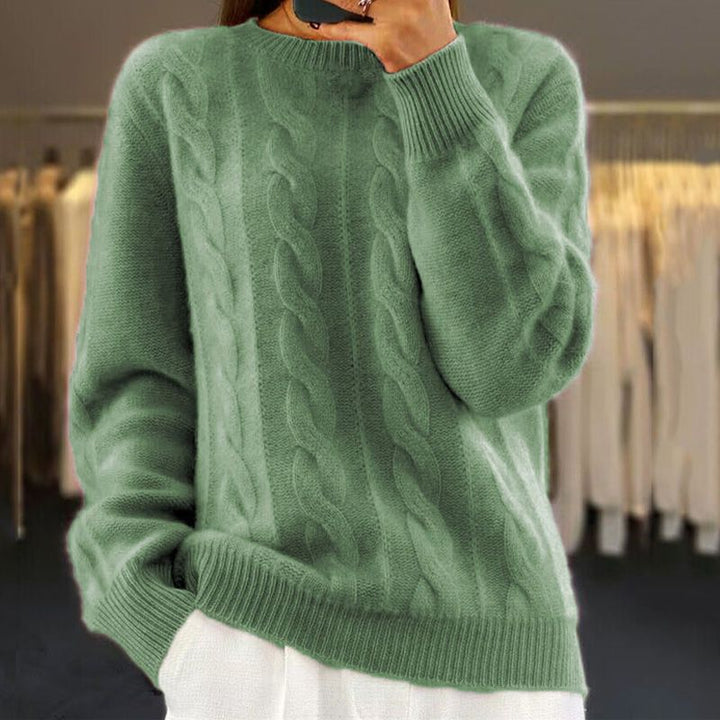 Stickad tröja - Varm kabelstickad pullover med rund hals för kvinnor