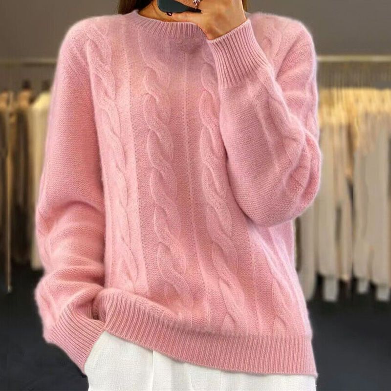 Stickad tröja - Varm kabelstickad pullover med rund hals för kvinnor