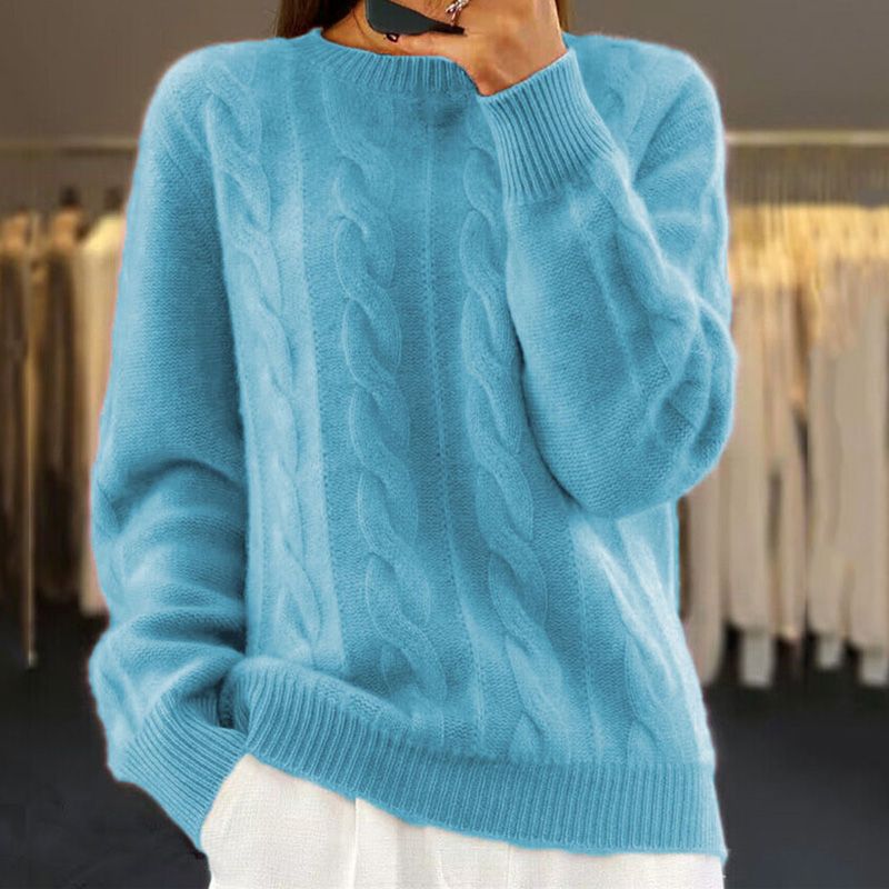 Stickad tröja - Varm kabelstickad pullover med rund hals för kvinnor