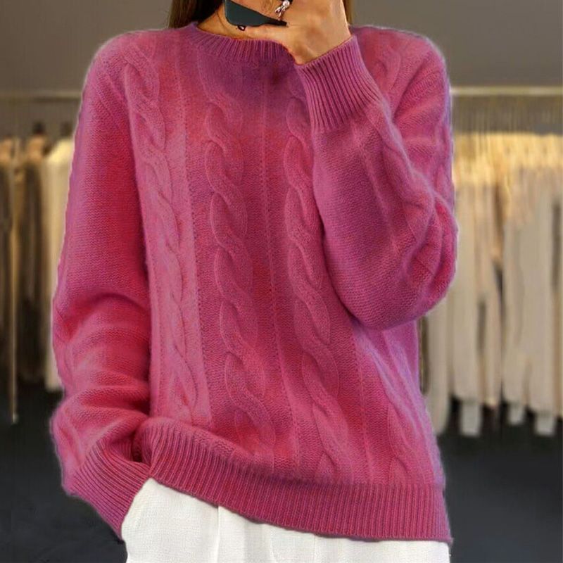 Stickad tröja - Varm kabelstickad pullover med rund hals för kvinnor