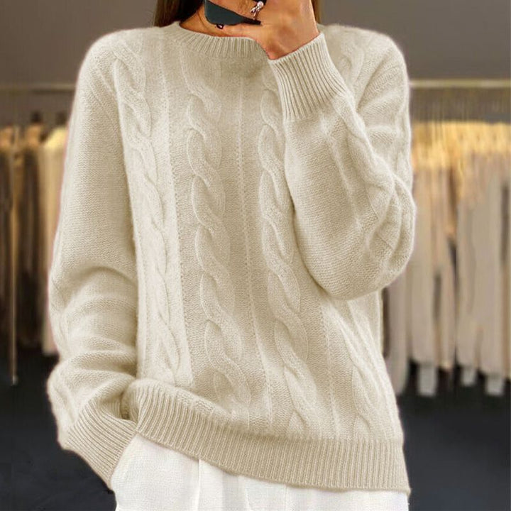 Stickad tröja - Varm kabelstickad pullover med rund hals för kvinnor