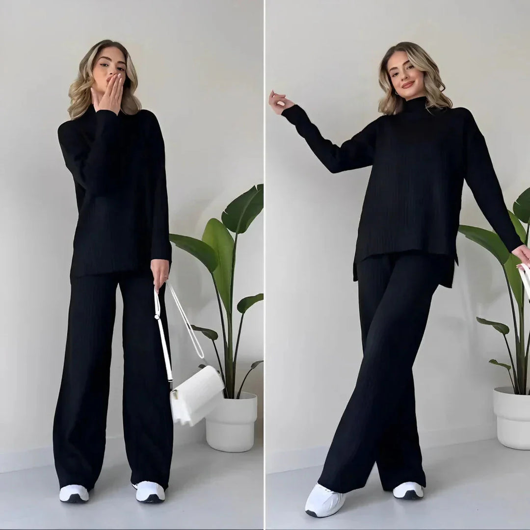 Stickad tvådelad uppsättning | Loose Fit | Turtleneck | Stickad Co-Ord Set | Loungewear för kvinnor