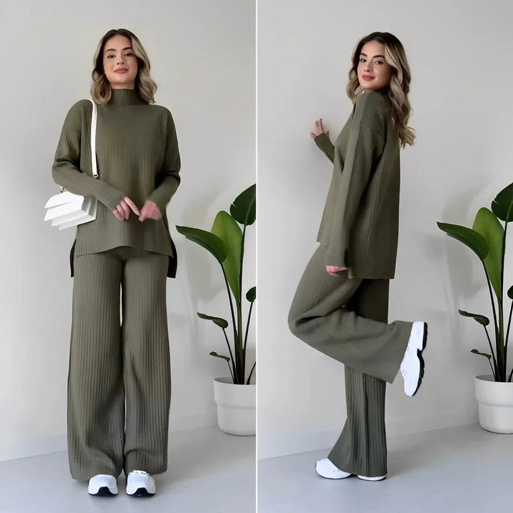 Stickad tvådelad uppsättning | Loose Fit | Turtleneck | Stickad Co-Ord Set | Loungewear för kvinnor