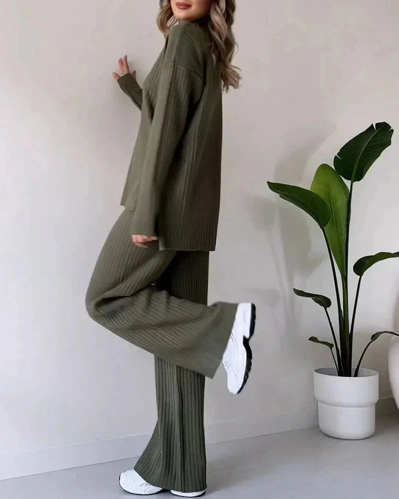Stickad tvådelad uppsättning | Loose Fit | Turtleneck | Stickad Co-Ord Set | Loungewear för kvinnor