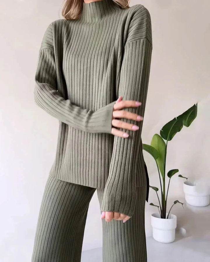 Stickad tvådelad uppsättning | Loose Fit | Turtleneck | Stickad Co-Ord Set | Loungewear för kvinnor