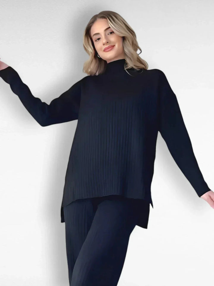 Stickad tvådelad uppsättning | Loose Fit | Turtleneck | Stickad Co-Ord Set | Loungewear för kvinnor