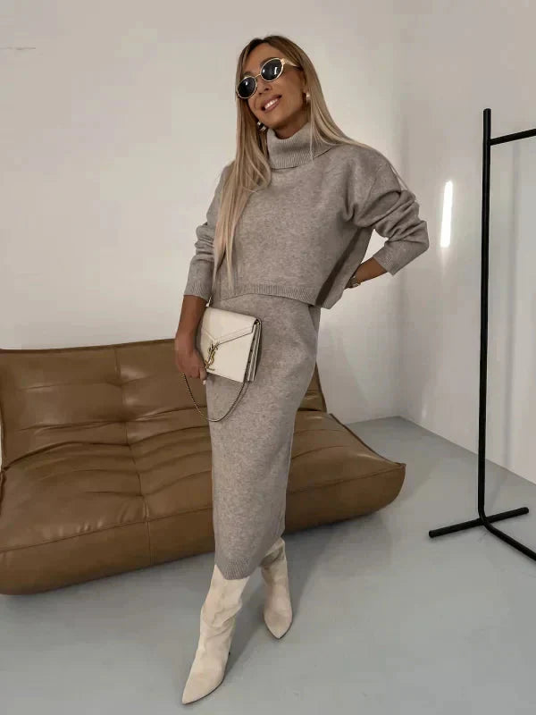Stickat Tvådelat Set - Stickad Klänning - Turtleneck-tröja - Stickat Tvådelat Set - Damkläder