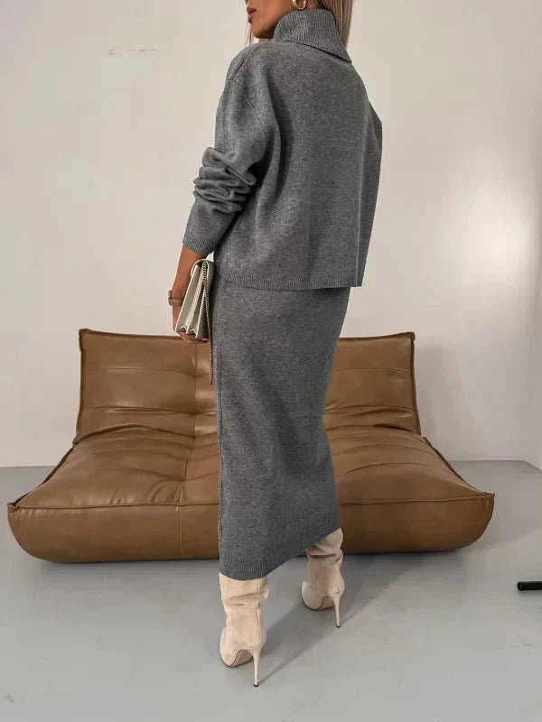 Stickat Tvådelat Set - Stickad Klänning - Turtleneck-tröja - Stickat Tvådelat Set - Damkläder